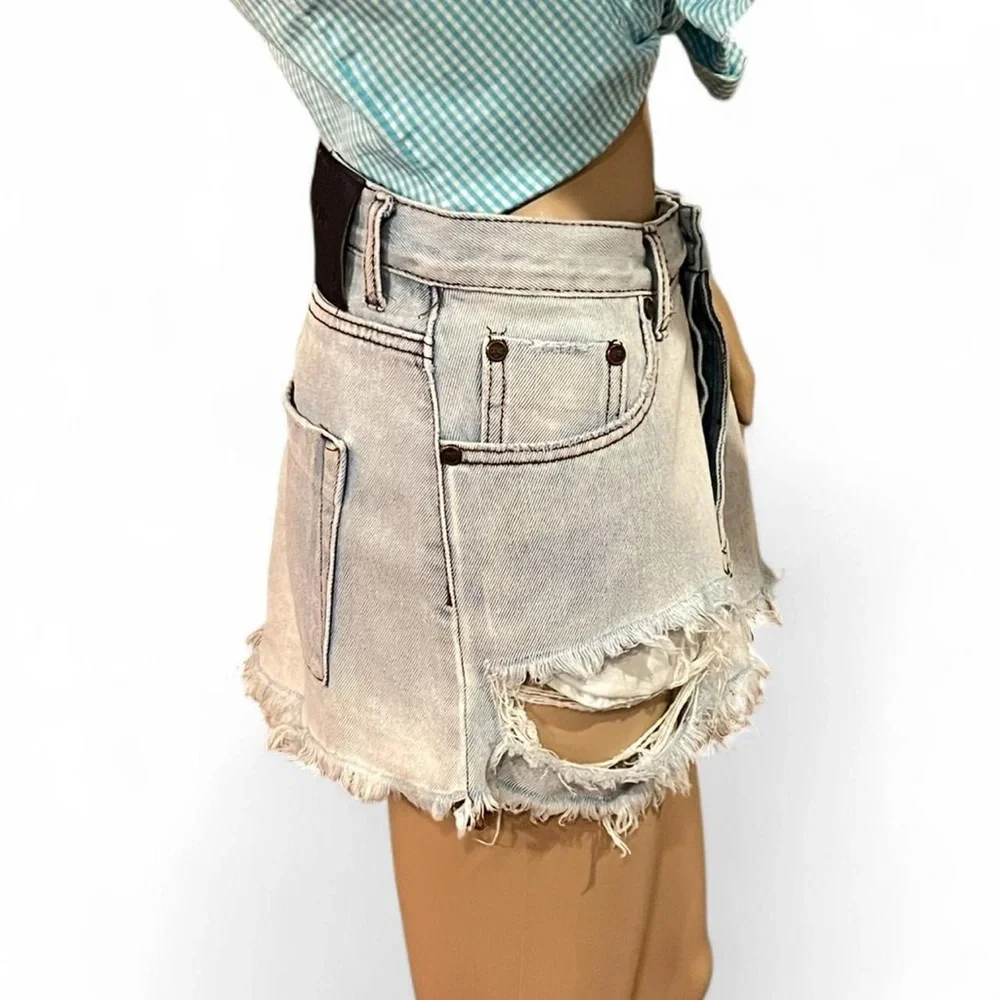 One Teaspoon Junkyard Handmade Distressed Low Waist Denim Mini Skirt Blue Sz 26